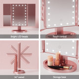 Embellir Tri-fold Makeup Mirror 1X2X3X Magnifying with LED Light Travel Portable Pink MM-E-TRI-3424LED-RGD