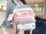 Women's Large Aesthetic Backpack Blue Nylon Daypack with Cute Bear Plushie & Pins For High V888-ELOSUNG41088