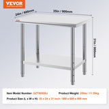 VEVOR 910x610mm Stainless Steel Kitchen Bench Commercial Work Food Prep Table V952-60X90X80CFGZT0001V0