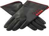 Dents Womens Leather Gloves w/ Button Detail Piped Cuff & Silk Feel Lining - Black/Berry - Large V563-7-6009-BLACK_BERRY-L