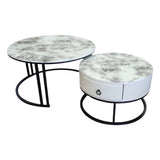 Snowy Mountain Faux Modern Marble Slate Nesting Coffee Table Set Leather Wrapped Wood Drawers V255-CT-NESTING-BLKFRM-CW-WH