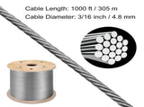 Stainless Steel Cable Railing 3/16" x 1000ft, Wire Rope 316 Marine Grade, Braided Aircraft Cable V952-GSS1X19-4.8MM305MV0