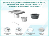 10x10cm Square Shower Drain with Removable Tile Insert Grate Stainless steel 304SS, CUPC Certified V63-955491