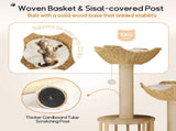Large Cat Scratching Post Tree Tower with Baskets and Cubby Cave in Natural Wood & White, 60x40x99cm V178-59360