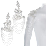 1 Pair White Beaded Rhinestone Applique, Sew-On Epaulettes with Crystal Chain Tassels, Elegant V1369-AZ3-W-08806
