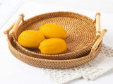 Hand Woven Round Rattan Serving Tray Bread Fruit Dessert Snack Basket with Handles 3 Piece Set V1294-YM0703-3118230027214