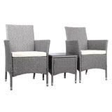 Gardeon 3PC Outdoor Bistro Set Patio Furniture Wicker Setting Chairs Table Cushion Grey ODF-BISTRO-RATTAN-GE