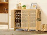 Modern Bamboo Shoe Rack Storage Cabinet with 3 Woven Rattan Doors, 5-Tier Shoe Organizer Shelf V767-JJ-ZZ1761