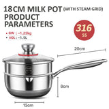 18cm 316L Stainless Steel Saucepan Compound Steel Honeycomb Nonstick Sauce Pan with Glass Lid 1.5L V255-18CMMILKPOT