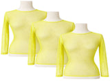 3x Womens Fishnet Mesh Tops Long Sleeve Sheer Stretch See Through - Fluro Yellow V563-JD-12168-3-FLUROYLW