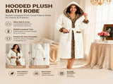 Women's White Coral Fleece Hooded Bathrobe with Leopard Print Trim - Soft Plush Wrap Robe with V888-ELOSUNG54473