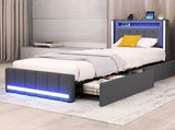 Levede Single Bed Frame Fabric Storage Drawer LED USB BF1068-S
