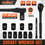SEDY 12Pcs 1/2" Drive Socket Wrench Set CR-V 72T Ratchet Metric 10-19mm Holder V465-84112