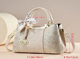 Crane Embroidered Handbag PU leather spliced with gold/silver thread crane pattern, silk scarf bow V1385-CXSTB-WU-1013-008