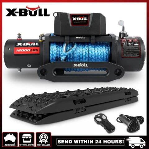 X-BULL 12V Electric Winch 12000LBS 4WD synthetic rope with 2PCS Recovery Tracks Boards Gen3.0 Black V211-AUEB-XBEW006RT009V