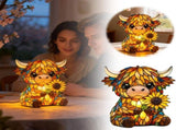 Sunflower Highland Cow Lamp, Stained Glass Style Resin Table Lamp, Warm Night Light for Bedroom, V1366-AZ2-W-16700