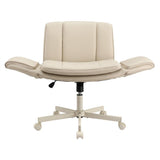 Artiss Cross Legged Office Chair PU Leather Swivel Vanity Chair Wide Seat Adjustable Arms Beige OCHAIR-L-2021-BG