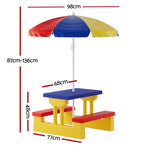 Keezi Kids Outdoor Table and Chairs Set Picnic Bench Umbrella Children Indoor ODF-KID-PICNIC-UM-PLC