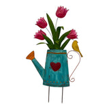 Flowers In Blue Watering Can Garden Stake 55cm V637-71303FLW