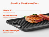Reversible Grill/Griddle, 20x10 inch Pre-Seasoned Cast Iron Griddle, Portable Rectangular Pan with V952-SMJP2010INCHFUIXPV0
