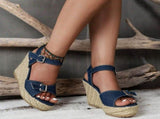 Women Denim Blue Platform Thick Heeled Sandals Fashionable High Heels for Short Girls Denim Buckle V1192-AZ-W-33059