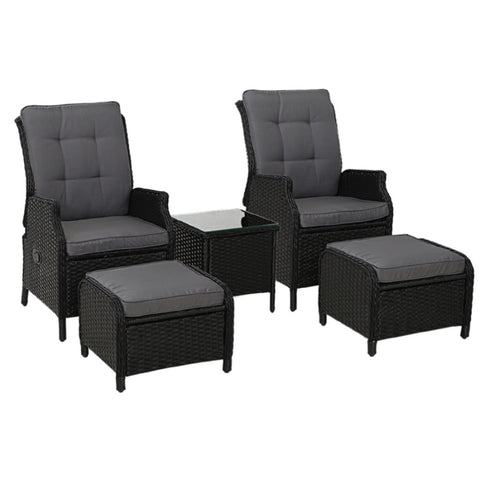 Gardeon 5PC Recliner Chairs Table Sun lounge Wicker Outdoor Furniture Adjustable Black ODF-RCL-RW-CHOTTB-5BK