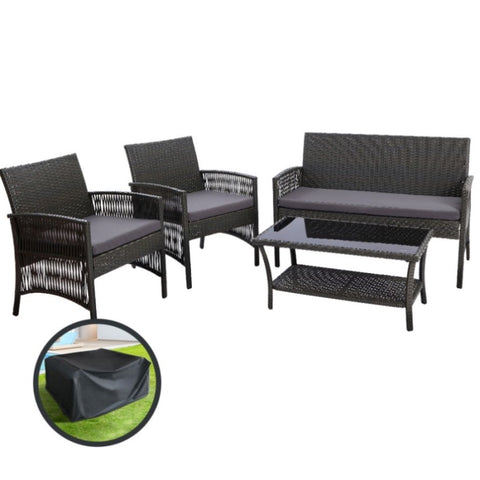 Gardeon 4PCS Outdoor Sofa Set with Storage Cover Wicker Harp Chair Table Grey ODF-RATTAN-HARP-GE-AB-COVER