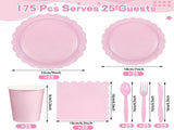 Pink Scalloped Edge Disposable Party Tableware Set - 175 Pieces for 25 Guests - Food Grade Paper V888-ELOSUNG57093