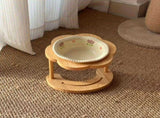Ceramic Pet Feeder with Wood Stand Tilted Cat Bowl for Comfortable Eating, Anti-Tip DesignPearl V1385-FTCWW-ZM-005