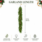 Christmas Garland with Warm Lights Gold Berries Pinecones 1.8M 70.9 Inch Pre-Lit Holiday Garland V1369-AZ3-W-11191