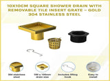 10x10cm Square Shower Drain with Removable Tile Insert Grate Brushed Gold 304SS, CUPC Certified V63-955511