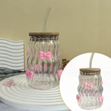Cute Big Belly Glass Tumbler With Wooden Lid And Reusable Straw Bow Decor Ribbed Household Drinking V1369-AZ3-W-14899