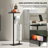 3-in-1 Freestanding Toilet Holder - Thick Carbon Steel with Matte Black Finish, Storage Top, V888-ELOSUNG39393