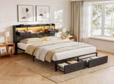 Artiss Double Bed Frame with 2 Storage Drawers & Headboard, USB Charging Station, RGB LED Light BFRAME-J-KINSLEY-D-GY-AB