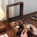 Wood Grain Faux Leather Watch Storage Box - 6-Compartment Dustproof Display Case, Soft Lined V1232-FMWSBH001