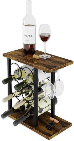 Wine Rack Countertop Wooden & Metal Holder for 6 Bottles & 2 Glasses V178-36089