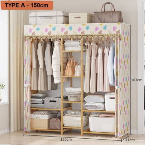 150cm Width Bamboo Clothes Rack Garment Closet Storage Organizer Hanging Rail Shelf Fabric Dustproof V255-B-TYPEA-150CM