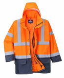 Portwest Hi-Vis Safety Workwear Waterproof Rain Jacket Coat 5-in-1 Two Tone - Orange/Navy V563-S766-ORG-NVY-M