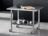 Cefito 914x762mm Stainless Steel Kitchen Bench w/ Splashback Work Table Prep Bench Commercial 430 SSKB-430S-WHEEL-36-30