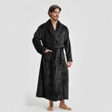 Men's Flannel Bathrobe Black XL Size - Soft Coral Fleece Hooded Kimono Collar Dressing Gown Loose V888-ELOSUNG54497