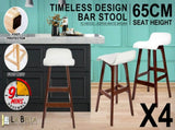 4X Wooden Bar Stool Dining Chair Leather SOPHIA 65cm WHITE BROWN V274-FT-WBSPU-75WH4-BNP
