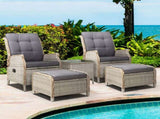 Gardeon 5PC Recliner Chairs Table Sun lounge Wicker Outdoor Furniture Adjustable Grey ODF-RCL-RW-CHOTTB-5GE