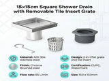 15x15cm Square Shower Drain with Removable Tile Insert Grate Stainless steel 304SS, CUPC Certified V63-955521