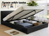 Artiss Gas Lift Queen Bed Frame and Bedside Table Set Leather Black BFRAME-SET-NINO-BSIDE-BK