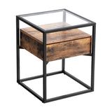 VASAGLE Side Table Tempered Glass End Table with Drawer and Shelf Rustic Brown and Black V227-9101402100317