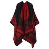 Thick Soft Knit Cape Poncho, Lovely Forest Deer Graphic, Eye-catching Black Red V1221-XM-LB2133-ZS57