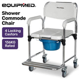 Equipmed Commode Shower Chair, Over Toilet or Bedside 136kg Capacity Aluminium frame with Wheels, V219-HELSBSEQCC4A