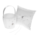 7 * 7 inches White Satin Rhinestone Decorated Ring Bearer Pillow and Wedding Flower Girl Basket Set V1294-YM0901-H21028