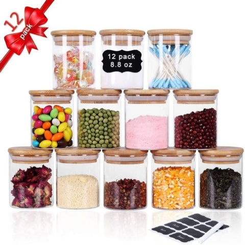 12 Pieces Glass Spice Jars for Kitchen Canisters with Airtight Bamboo Lids and Labels V178-83501