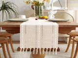 Farmhouse Table Runner Boho Style Linen 72 Inch Long, Handmade Rustic Table Runner with Tassels for V1370-AZ4-09802
